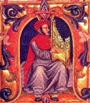 Франческо Ландини, играющий на миниоргане. Иллюстрация из старинной книги, храняшейся